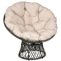 Poltrona Papasan Girevole Ø97x90 cm con Cuscino, in Poliestere e Rattan Intrecciato, color Crema