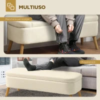 Panca Contenitore da 65L in Tessuto Teddy e Gambe in Legno, 120x42x45 cm, Beige