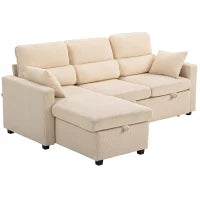 Divano Letto Angolare con Vano Contenitore, Rivestimento in Velluto a Coste e 2 Cuscini, 205x135x76 cm, Beige