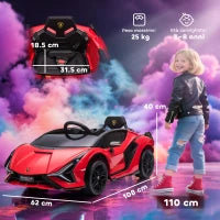 Macchina Elettrica per Bambini 3-5 Anni 12V Lamborghini SIAN, 3-5km/h Auto Elettrica per Bambini con 2 Motori, Fari e Musica, Telecomando, Cintura e Clacson, Rosso