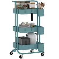 Carrello da Cucina a 3 Livelli con Maniglie e 4 Rotelle, in Acciaio, 42x38x86.5 cm, Verde Azzurro