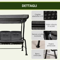 Dondolo da Giardino per 3 Persone con Tettuccio Regolabile e Cuscini, 200x120x170cm, Nero