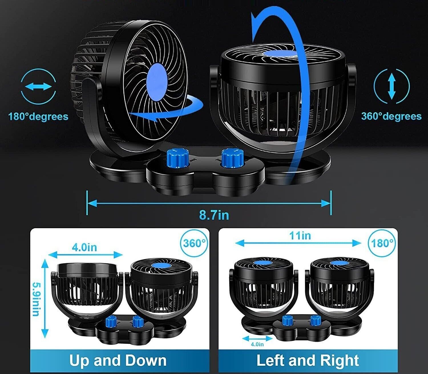 Ventilatore Portatile Da Viaggio Per Auto Camper Camion 12 Volt 2 VENTOLE T-517