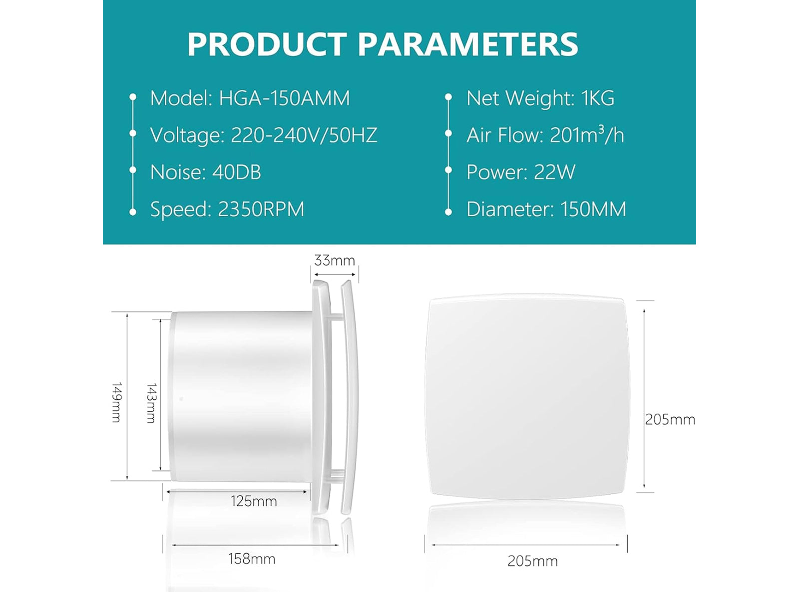 Ventola di Aspiratore 150mm Elettrica Silenziosa Aspirazione per Bagno Camera da Letto Ufficio Estrattore Ventilazione - No Confezione