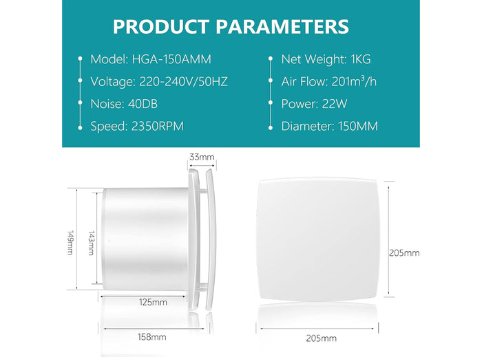 Ventola di Aspiratore 150mm Elettrica Silenziosa Aspirazione per Bagno Camera da Letto Ufficio Estrattore Ventilazione - No Confezione