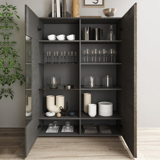 Vetrina a 2 Ante Linea Venus L 121 Cm x H 168 Cm x P 44 Cm, realizzata in legno 100% MADE IN ITALY, design moderno per cucina, sala da pranzo, soggiorno, colore Titanio/Mercure