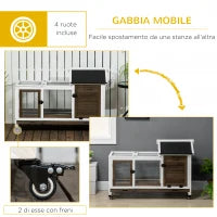Conigliera in Legno da Interno ed Esterno con Ruote, Casetta, Tetto Apribile e Vassoio, Marrone