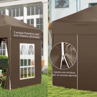 Gazebo 2x2 m Pieghevole con 4 Pareti Rimovibili e Borsa da Trasporto, in Metallo e Poliestere, Marrone