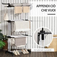 Stendibiancheria Pieghevole a 4 Livelli con Ali Girevoli e 4 Ruote, in Acciaio e PP, 73x64x177 cm, Nero