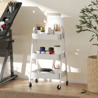 Carrello Cucina Multiuso a 3 Livelli, Ruote Girevoli con Freno e Maniglie, Bianco