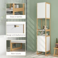 Colonna Bagno Salvaspazio in Bambù con Ripiani Aperti e 2 Armadietti con Apertura a Pressione, Bianco