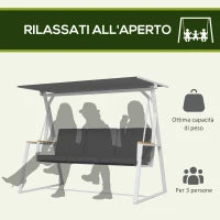 Dondolo da Giardino 3 Posti con Tettuccio Inclinabile, in Acciaio, 205x130x175 cm, Grigio Scuro