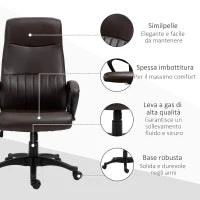 Sedia da Ufficio Ergonomica, Sedia Girevole con Schienale Alto e Dondolo, Altezza Regolabile e Ruote, 61.5x66x113-123cm, Marrone