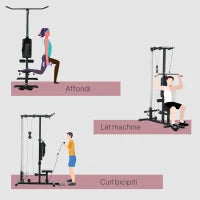 Stazione Fitness Multifunzione con Lat Machine, Sedile Regolabile e Supporto per Dischi, Nero