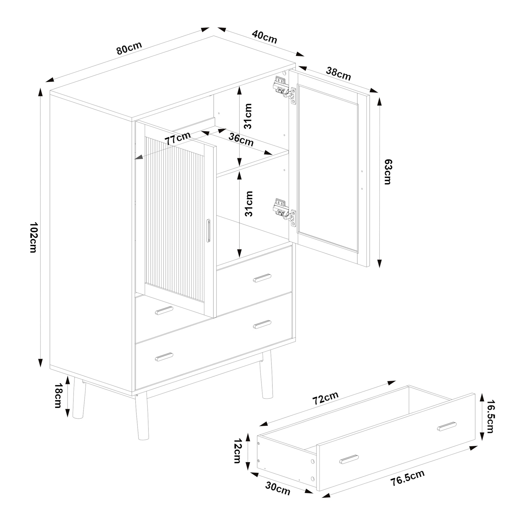 Credenza Susa con Vetrina e 2 Cassetti 120x80x40 cm Grigio [en.casa]