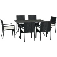 Set da Giardino 7 Pezzi in Rattan PE con Tavolo da Pranzo 150x90x72 cm e 6 Sedie 58x62x87 cm con Cuscini