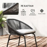 Set da Giardino con 2 Sedie con Cuscino e Tavolino da Caffè in Acciaio e Rattan PE, Nero