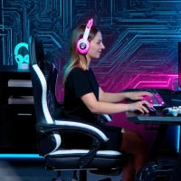 Sedia da Gioco con Poggiapiedi, Sedia da Computer con Cuscino per la Testa e per la Zona Lombare, Rivestimento in Similpelle, Girevole, Regolabile in Altezza, Metallo, Plastica, Nero+Bianco