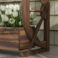 Fioriera in Legno da Esterno a 2 Livelli con 3 Vasi e Ruote di Carro Stile Country, 55x32x56cm