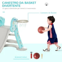 Scivolo per Bambini da 18 Mesi Pieghevole con 3 Scalini e Canestro Basket, 140x87x75cm, Blu e Grigio