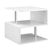 Tavolino Basso Da Salotto, Tavolino da Salotto Bianco, Design Moderno, Superficie Ampia, Due Ripiani, Forma S, in Legno e Ferro, 50 x 50 x 50cm, Bianco