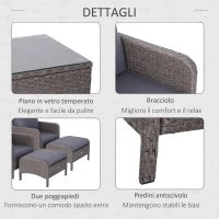 Set Mobili da Giardino 2 Poltrone 2 Poggiapiedi 1 Tavolino in Vetro Temperato Rattan Grigio
