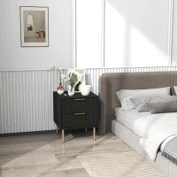 Comodino, Tavolino con 2 Cassetti e Piedi in Acciaio, per Camera da Letto, Soggiorno, Nero