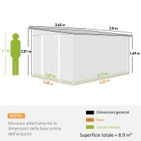 Casetta da Giardino con Porta Scorrevole, in Acciaio, 345x280.5x169-201cm, Verde