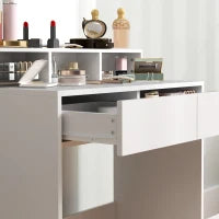 Tavolo da Trucco con Specchio, 3 Ripiani, 2 Cassetti e Sgabello, in Legno, 75x38x135 cm, Bianco