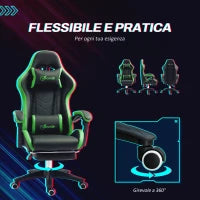 Sedia da Gaming con Altezza Regolabile e Schienale Reclinabile, 65x65x121-129 cm, Nero e Verde