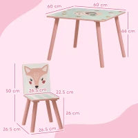 Set Tavolo e Sedie 3 Pezzi per Bambini 3-8 Anni in MDF e Legno di Pino con Disegni di Animali, Rosa
