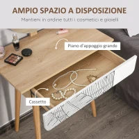 Toeletta Tavolo da Trucco con Specchio Circolare Ф39cm, Consolle Trucco con Cassetto con Decorazione Jungle, Bianco e Rovere, 70x39x119-128cm