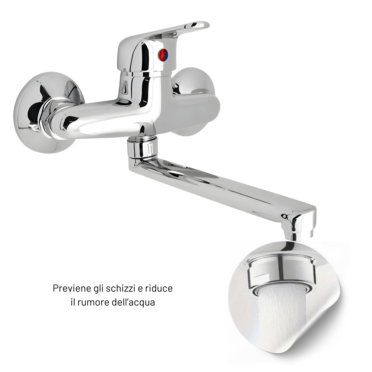 Miscelatore a muro in ottone lavello cucina con 2 canne erogazione orientabile