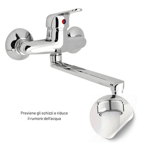 Miscelatore a muro in ottone lavello cucina con 2 canne erogazione orientabile