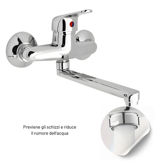 Miscelatore a muro in ottone lavello cucina con 2 canne erogazione orientabile