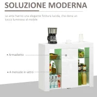Credenza Moderna a Anta con Luci LED e Mensole in Vetro, Mobile Multiuso in Legno con Finitura Lucida, 97x35x83cm, Bianco
