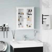 kleankin Armadietto Pensile Bagno a 2 Ante in Legno e Vetro con Ripiano Regolabile, 55x20x65 cm, Bianco