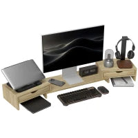 Rialzo per Monitor per Ufficio, Supporto per Schermo PC da 60-116 cm con 2 Cassetti, Lunghezza e Angolo Regolabili, Rovere