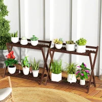 Set 2 Portapiante a 2 Livelli con Design a Doghe in Legno di Abete, 73x36x64 cm, Marrone Bruciato