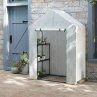 Serra da Giardino in PE e Acciaio per Esterni con 2 Scaffali e Porta Avvolgibile, 143x73x195 cm, Bianco