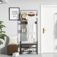 Appendiabiti da Terra in Stile Industriale con Scarpiera, 3 Ripiani e 8 Ganci, Legno MDF e Metallo, 72x34x185cm, Nero e Legno