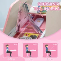 Set Scrivania e Sedia per Bambini da 3 Anni Regolabile, Tavolo Inclinabile a 60° con Cassetto e Ripiani, Rosa