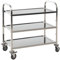 Carrello da Cucina 3 Ripiani Aperti 4 Ruote Omnidirezionali con 2 Freni Cuscinetti Anti-Collisione in Acciaio Inossidabile 430 Argento 90.5x50.5x88.2cm