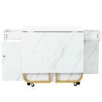 Tavolo da cucina versatile e pieghevole con ruote, con credenza e 2 cassetti, 150x80x76 cm, Bianco e Oro
