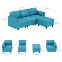 Divano Componibile Modulare 3 Posti con Pouf Poggiapiedi e Cuscini, Rivestimento in Flanella, Blu