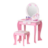 Specchiera Giocattolo Toeletta con Cassetto e Sgabello in Legno, Giochi per Bambine 3-6 Anni Rosa e Bianco