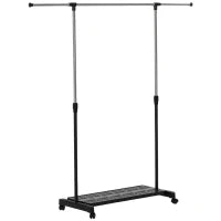 Stender Appendiabiti Estensibile con Ruote, Asta in Acciaio Inox e Ripiano per Scarpe 159x42x168 cm Nero e Argento