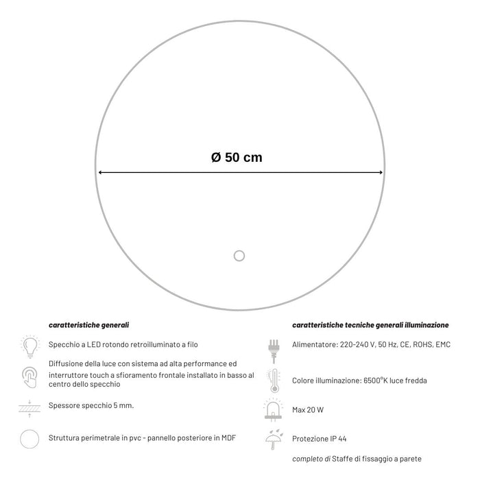 Specchio 5 mm tondo retroilluminato led interruttore touch pvc e mdf *** misura Ø50, tonalità dimmerabile 2700-4500...