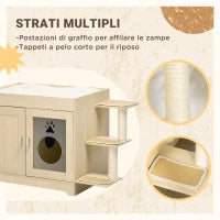 Mobile per Lettiera Casetta per Gatti con Spazio Portaoggetti e Pali Tiragraffi, in Legno, 107x54x70 cm