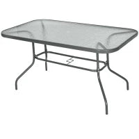Tavolo da Giardino con Foro per Ombrellone, Arredamento da Esterno in Metallo e Vetro 140x80x70cm Grigio